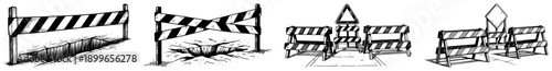 Collection of road construction barriers and danger warning signs in vintage engraving style