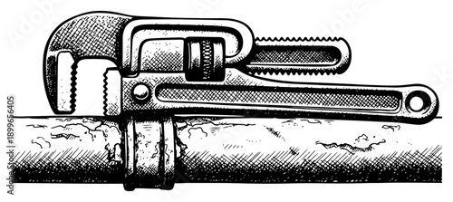 Large adjustable pipe wrench gripping a metal industrial pipe in vintage engraving style