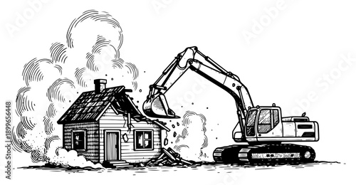 Heavy excavator machine demolishing an old house with dust and debris in detailed sketch style