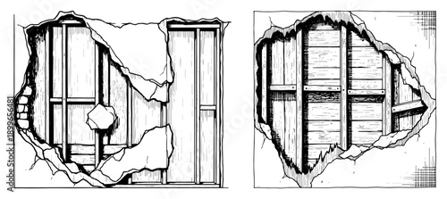 Black and white sketch of broken wall holes revealing wooden framework structure