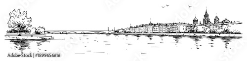 Panoramic sketch of an old European city skyline with river and bridge in the distance