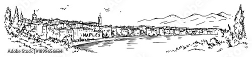 Panoramic view of Naples city coast with mountains and sea sketch