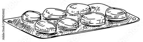 Hand drawn sketch of a blister pack containing round medical pills or tablets