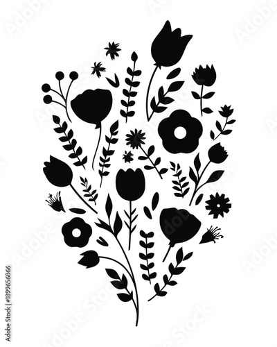 Large wildflower bouquet arrangement with mixed blossoms and leaf stems vector silhouette, isolated on white background