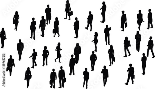 Business professionals walking and standing, corporate silhouettes, teamwork, diversity, commuting, urban workforce, briefcases, career mobility, office culture, professional attire