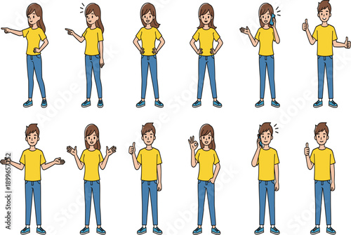 Fitness woman character set performing gym activities including lifting dumbbells holding water bottle gesturing thumbs up and standing in athletic workout poses.