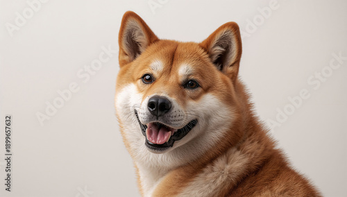 白背景で笑顔を見せる柴犬のアップ、柔らかな被毛と輝く瞳