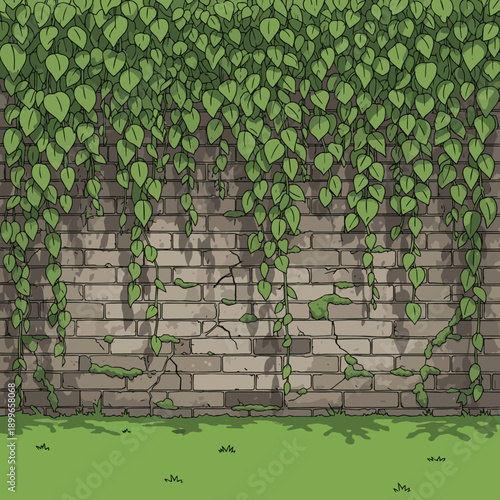 Create a realistic green grass background Green climbing vines hanging over an old brick wall, creating a natural and rustic background for eco and botanical design concepts. vector art .