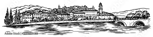 Panoramic landscape sketch of a riverside town with bridge and mountains