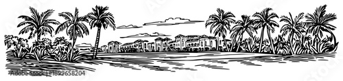 Tropical landscape with palm trees and distant buildings on the coast hand drawn sketch