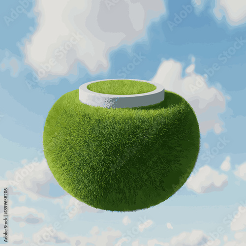 Create a realistic 3D round grassy platform island with summer green lawn on the background of a light blue sky with clouds. 3D rendered stone podium with green grass vector art ..