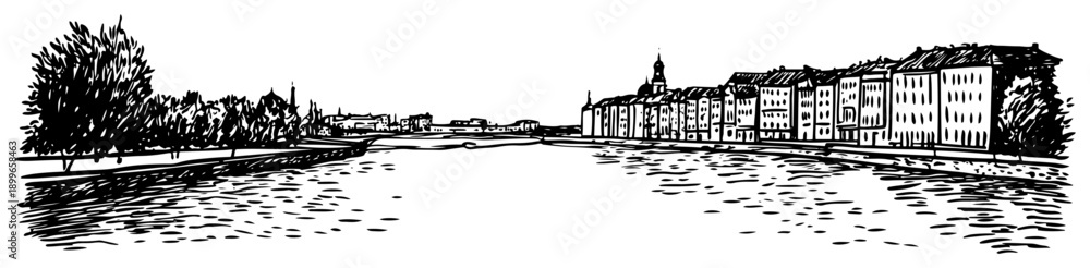 Naklejka premium Panoramic sketch of a river flowing through a city with buildings and trees