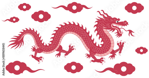 Cloud and dragon, Lunar New Year paper illustration, festive card, poster, banner design, Chinese zodiac dragon symbol, Happy New Year hieroglyphics