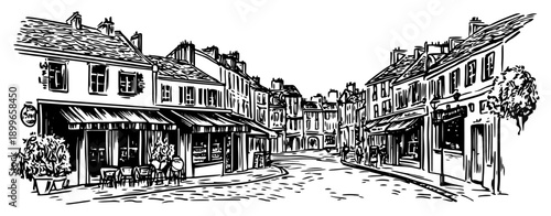 Hand drawn sketch of a cozy european street with cafes and old architecture