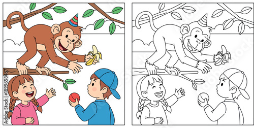 Cute Cartoon Monkey on Tree Branch with Party Hat Holding Banana and Interacting with Happy Little Boy and Girl Playing with Ball, Vector Illustration for Kids