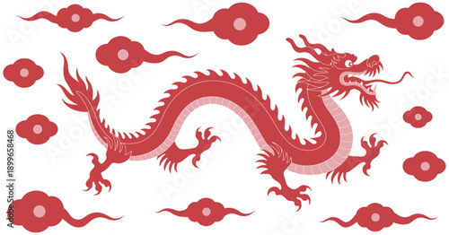 Cloud and dragon, Lunar New Year themed paper graphic, cover, card, poster, banner, Chinese zodiac dragon, hieroglyphics Happy New Year
