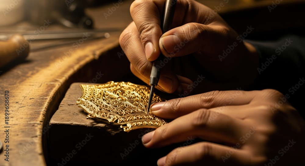 Obraz premium Master Jeweler Crafting Intricate Gold Ornament with Precision