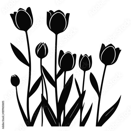 Minimalist tulip flower garden with buds and leaf stems vector silhouette, isolated on white background