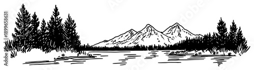 Mountain landscape with pine forest and calm lake hand drawn sketch