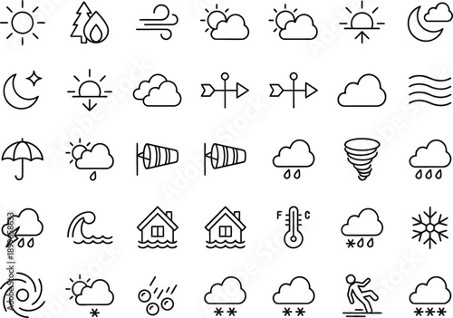 Collection of 30 line icons for weather conditions and climate, sun, rain, snow, wind