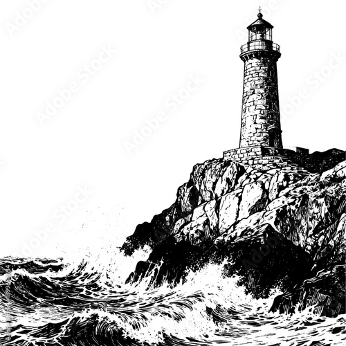 An illustration of a vintage lighthouse on a steep cliff with an ancient engraving style for the idea of maritime safety