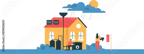 World Water Day illustration with house, solar panels, and people saving water