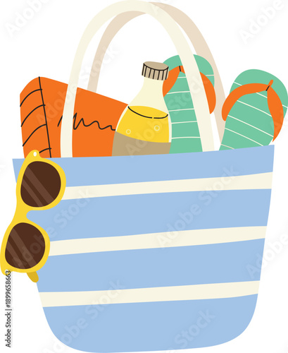 Striped beach bag overflowing with summer vacation essentials, flip-flops, sunglasses, bottle