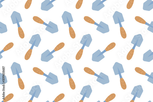 Seamless pattern with garden spades. Summer series of flat illustrations. Tools for growing plants, gardening, and vegetable gardening.