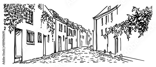 narrow european street with cobblestone pavement hand drawn sketch