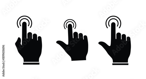 Three black silhouette hands pointing with circular touch effects