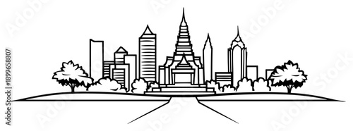 Black and white line art of Asian city skyline with temple and modern skyscrapers