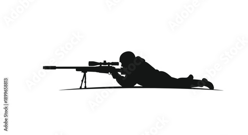 Silhouette of a sniper lying prone with a rifle aiming forward