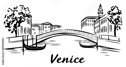 Hand drawn sketch of Venice canal featuring bridge and gondola boats
