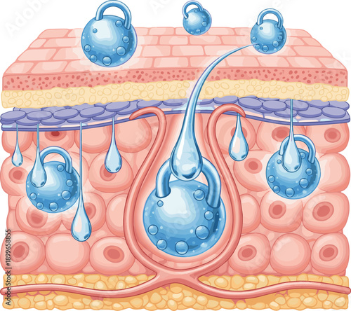 Create a realistic Hyaluronic acid locking moisture under epidermis skin layer vector art with white background.