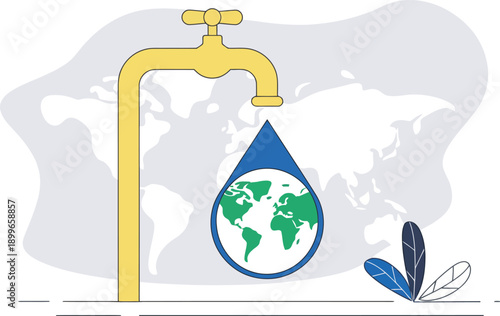 World map behind a dripping faucet and water drop, symbolizing global water resources