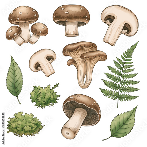 A set of fresh brown mushrooms isolated on a white background, showing natural edible forest fungi