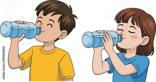 Cute children drinking water illustration showing boy and girl hydrating from bottles isolated on white background for healthy lifestyle hydration nutrition and childhood wellness concept