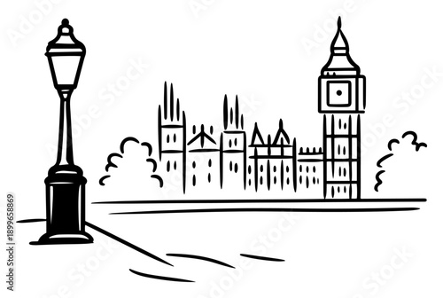 Hand drawn sketch of London skyline with Big Ben and street lamp