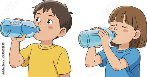 Children drinking water illustration showing cute boy and girl hydrating from bottles isolated on white background for healthy lifestyle hydration education and childhood wellness concept