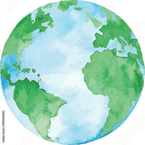 Watercolor painting of Earth globe showing continents, vibrant green and blue hues