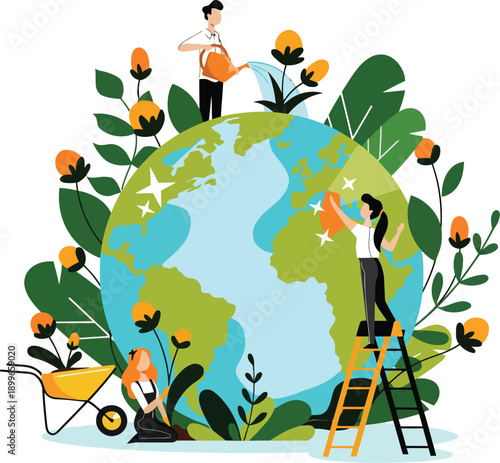 People tending to a lush Earth with plants and flowers, symbolizing environmental care