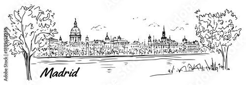 Hand drawn sketch of Madrid city skyline with cathedral and trees