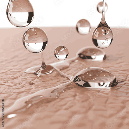 Create a realistic Hyaluronic acid serum drops absorb into the skin for hydration 3D render vector art.