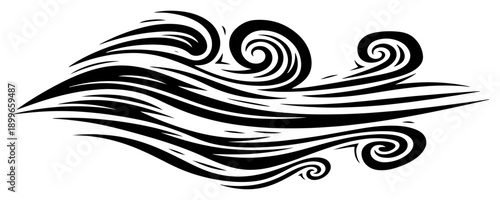 Dynamic black and white stylized wind swirls and wave patterns
