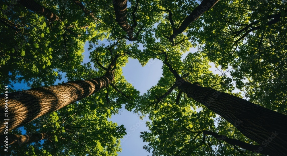 Fototapeta premium View upward through trees forms a heart of sky, sunlight streaming