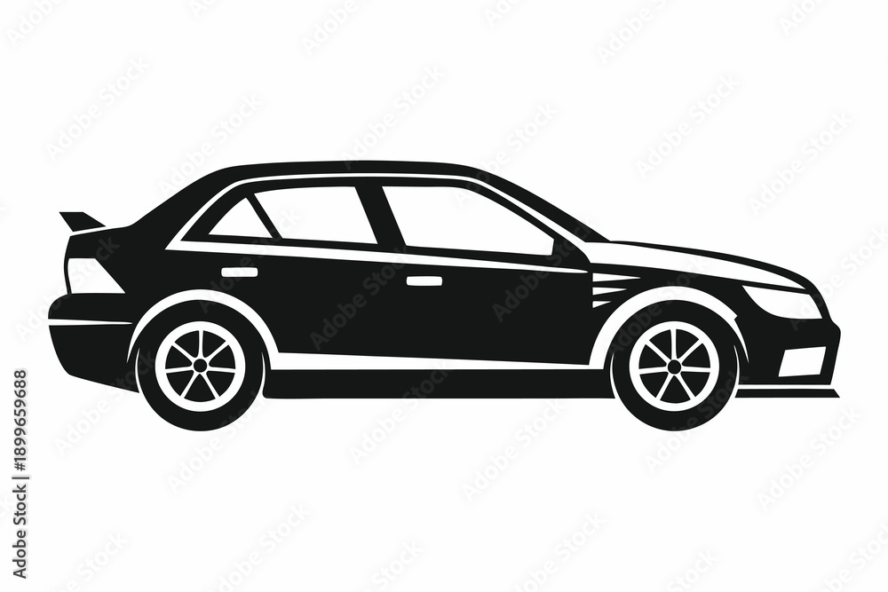 Obraz premium Black and white silhouette of a sporty sedan car side view illustration