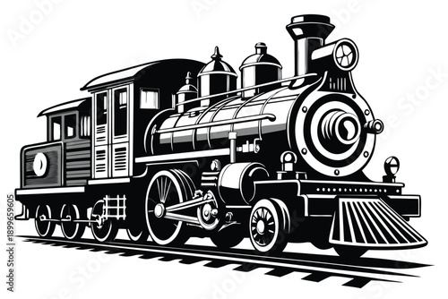 Vintage steam locomotive train black and white illustration retro railroad transportation