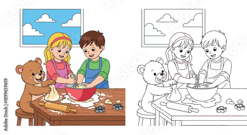 Cute Children and Cartoon Bear Baking Together in Kitchen, Happy Boy and Girl Making Dough with Flour and Rolling Pin, Vector Illustration for Kids