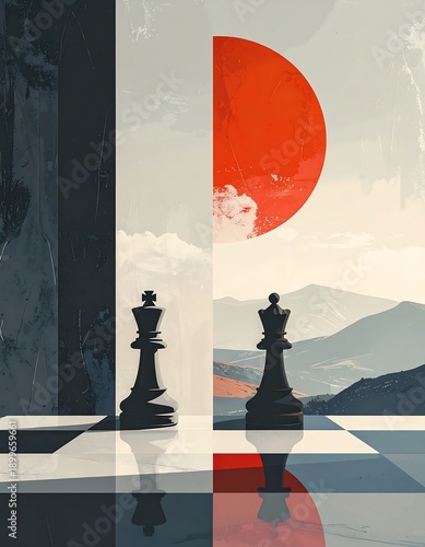 A surreal landscape with chess pieces and a large red sun