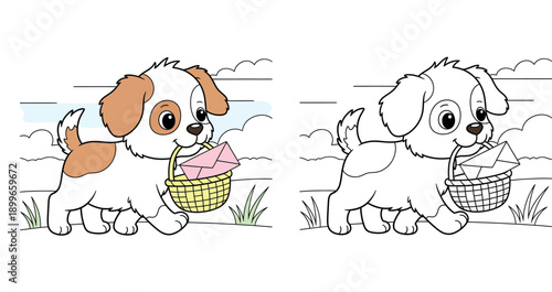 Cute Cartoon Puppy Walking and Holding a Basket with Pink Envelope in Mouth, Happy Dog Delivering Mail or Love Letter, Vector Illustration